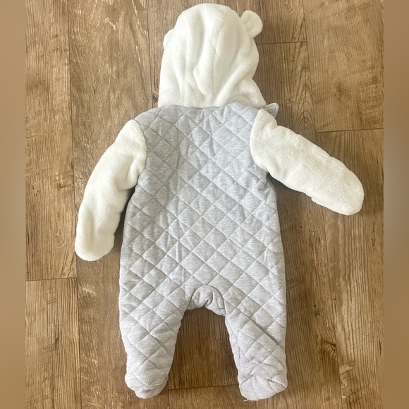 White and grey fuzzy snowsuit with cuffed sleeves. Size 3-6 months. NWOT. - Picture 2 of 5